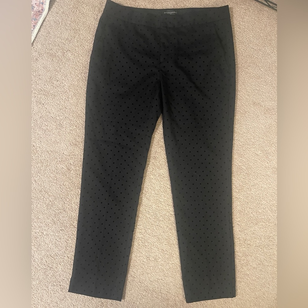 Banana Republic slim ankle work pant with black velvet polka dots